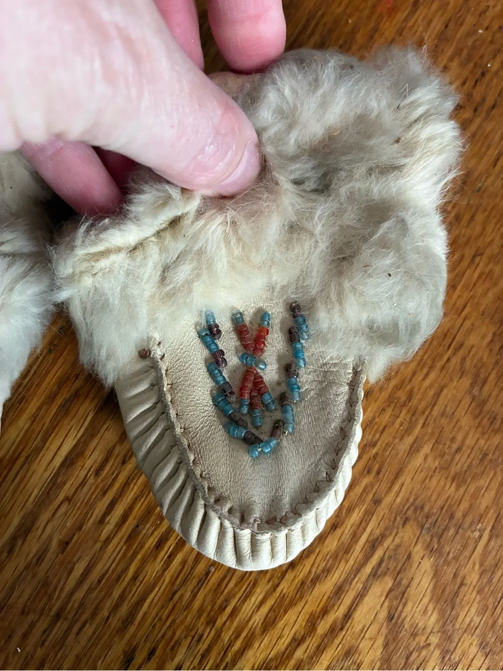 Vintage Handmade Leather Fur-Trim Beaded Baby Moccasins in Cream